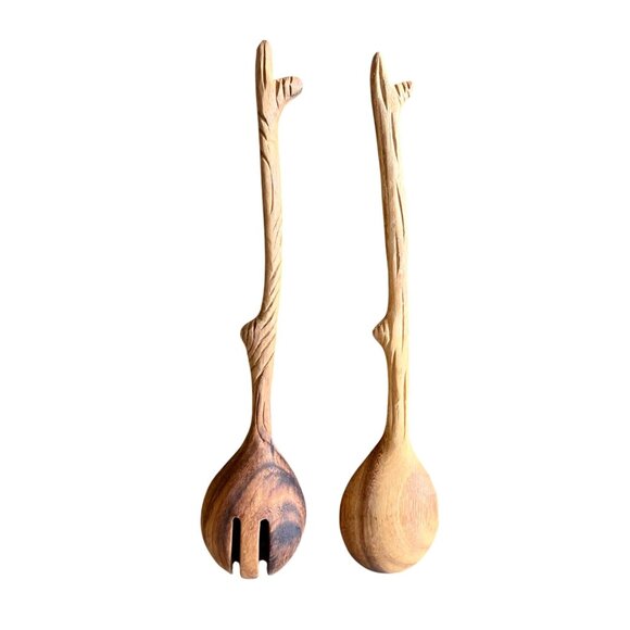 Handcrafted Wooden Salad Serving Spoon & Fork Set Branch Twig Design Rustic - Picture 2 of 4